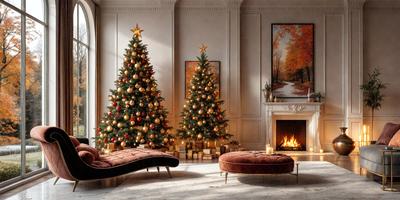 The primary subject of the image is a beautifully decorated Christmas tree, which is placed in a living room. The setting includes a fireplace, a couch, and a chair, creating a cozy and festive atmosphere. The visual style of the image is a photo, capturing the warmth and joy of the holiday season. The dominant colors in the scene are red, gold, and green, reflecting the traditional Christmas colors.